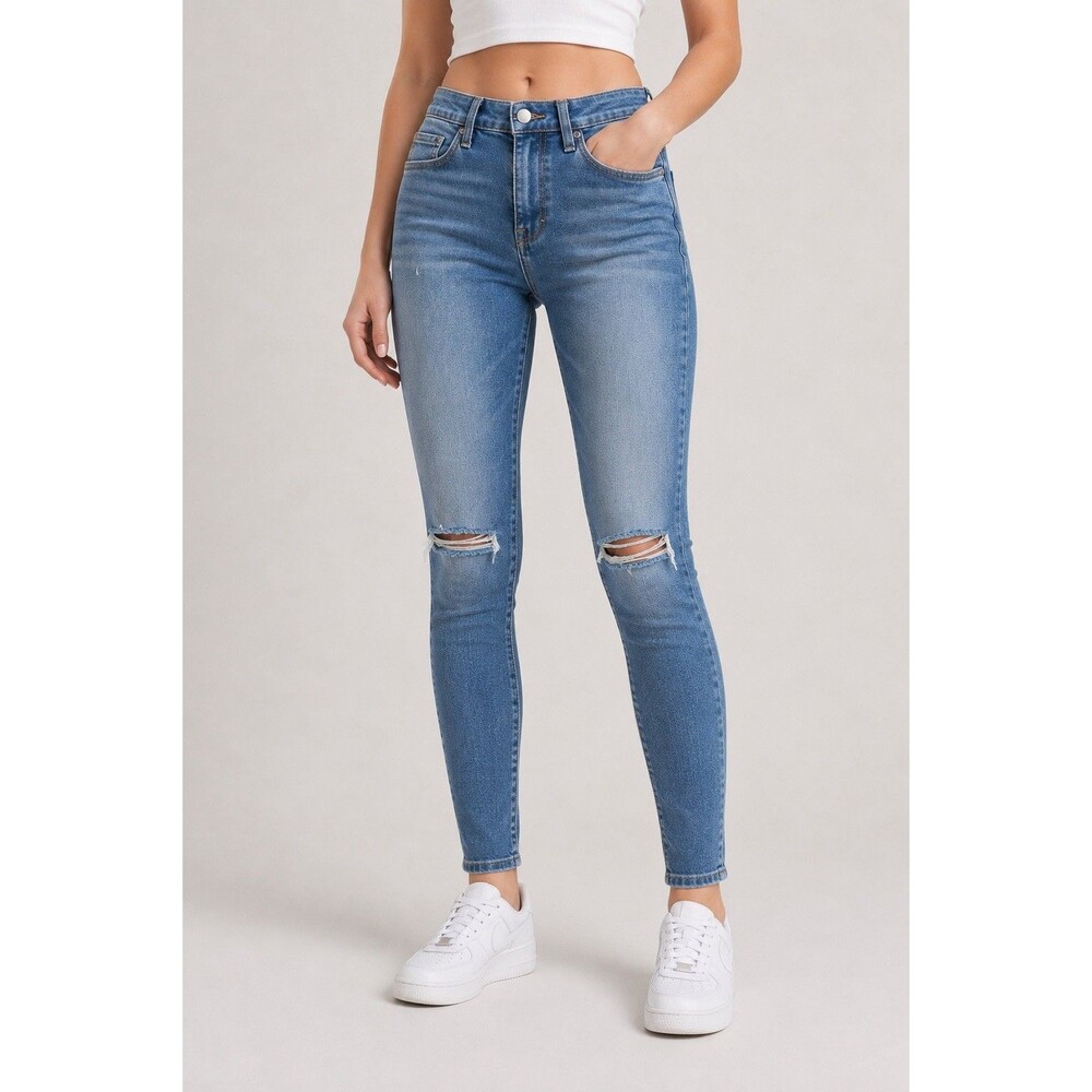 Good American Jeans Good Waist High Rise Raw Hem Skinny Stretch Blue Denim Sz 25
